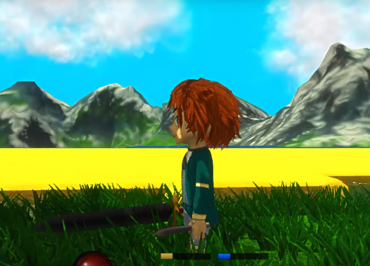 cartoon 3d character standing in front of mountains