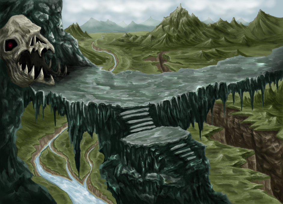 Cave opening shaped like a skull, on a large land bridge overlooking a ravine