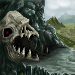 Cave opening shaped like a skull, on a large land bridge overlooking a ravine