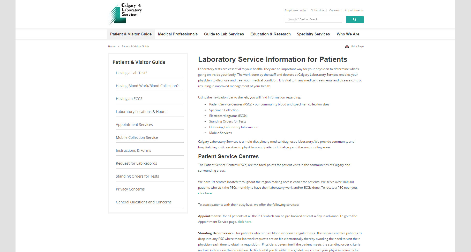 Screenshot of Calgary Lab Services website